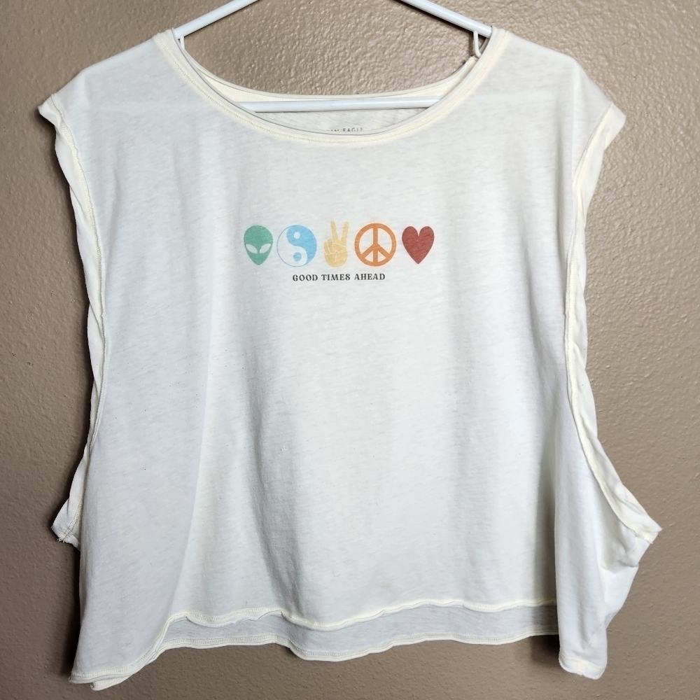 American Eagle Womens Good Times Ahead Ivory Sleeveless Boxy Crop Tee |XXL|